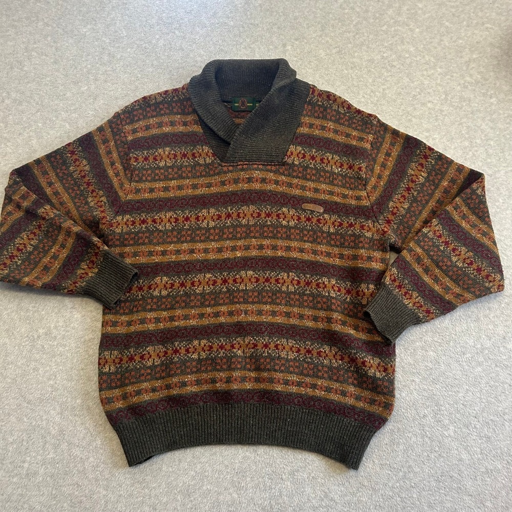 The Hunt Sweater Mens Medium Brown Fair Isle Geometric Shawl Collar Wool Vintage